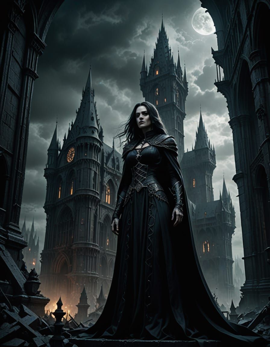 Gothic Witch Overlooking Misty Metropolis in Dark Fantasy St...