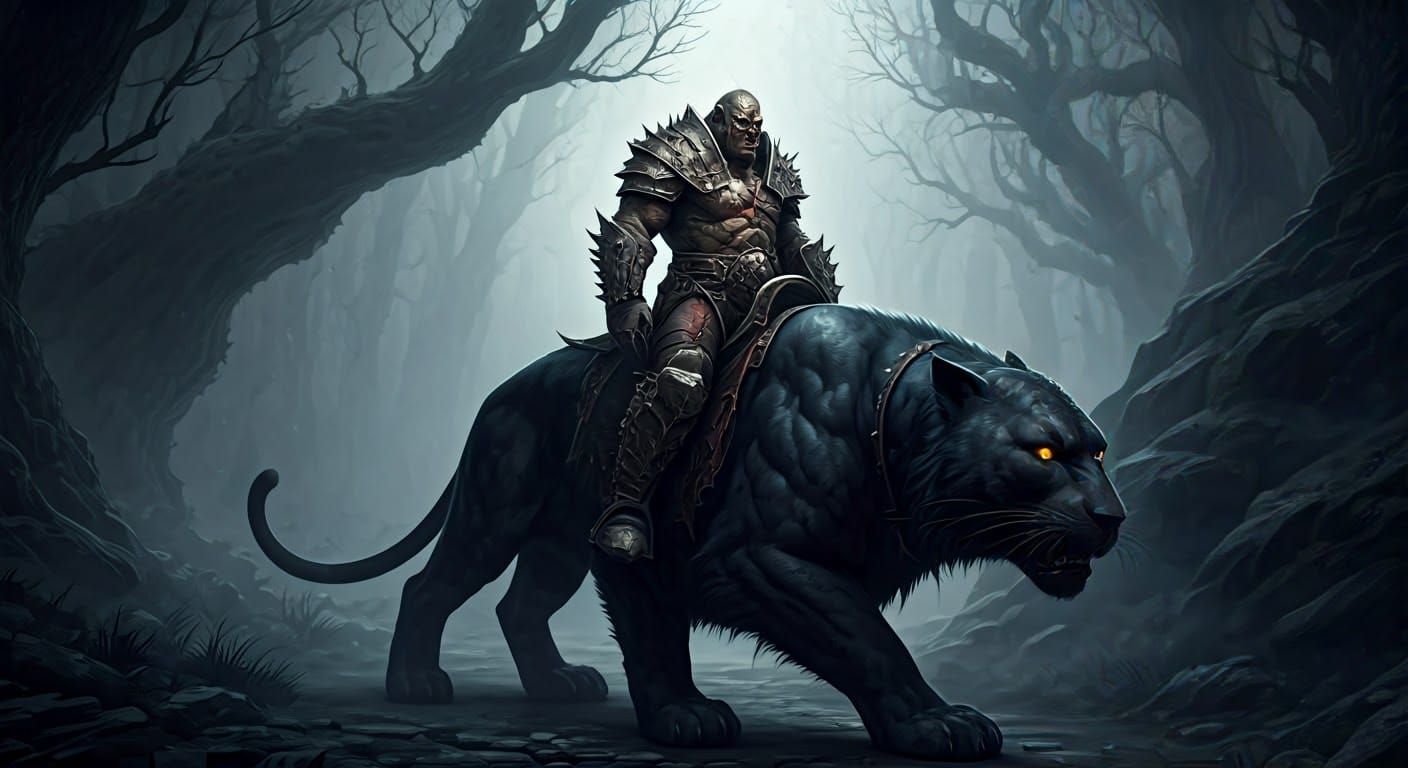 Orc Warlord on Panther in Dark Gothic Forest