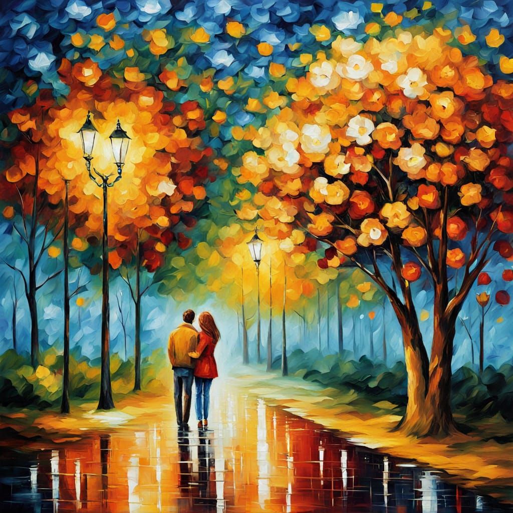 Love in Vibrant Bloom: A Warm and Inviting Oil Painting
