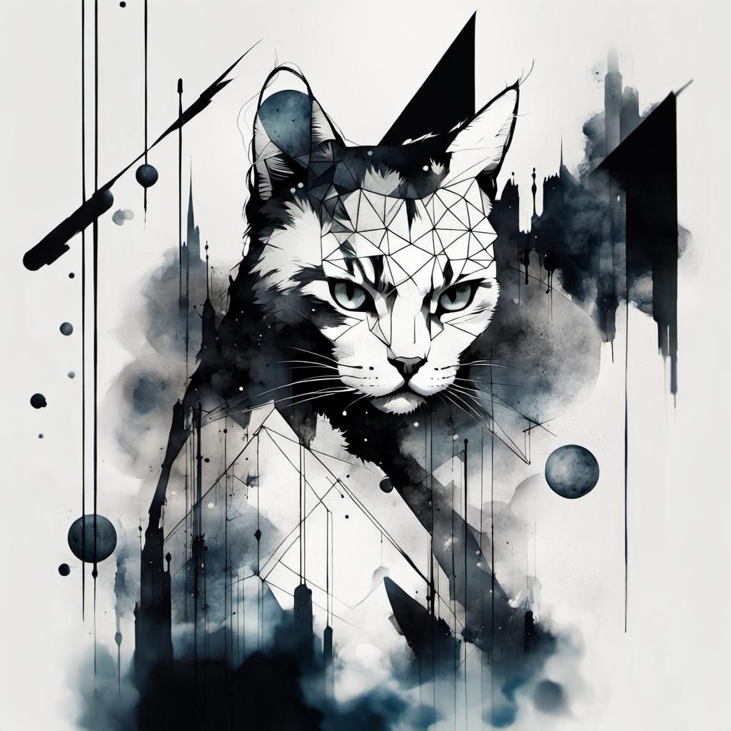 Cat and Moon Ink Fusion Art