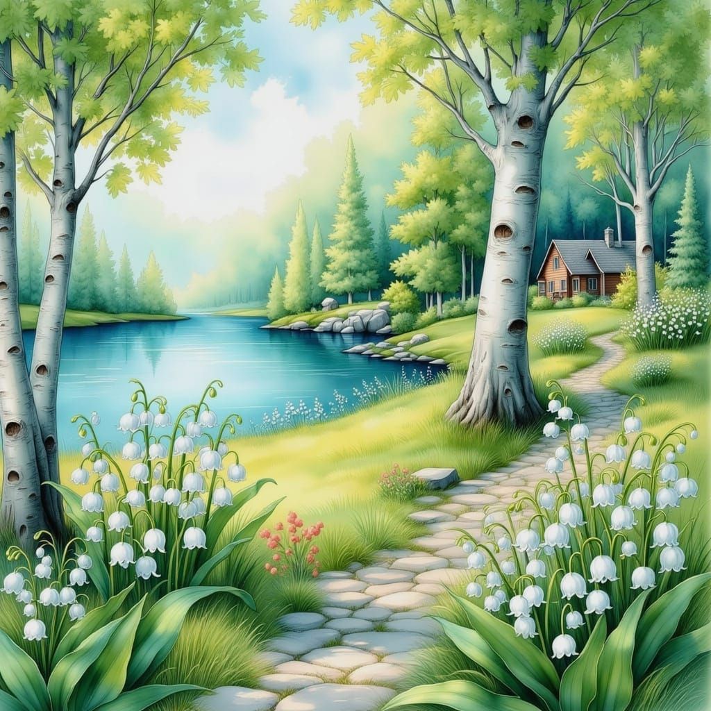 Birch Forest with Lily of the Valley in Watercolor