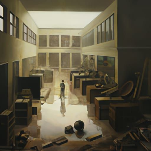 Creepy School Liminal Space in Oil Painting Style