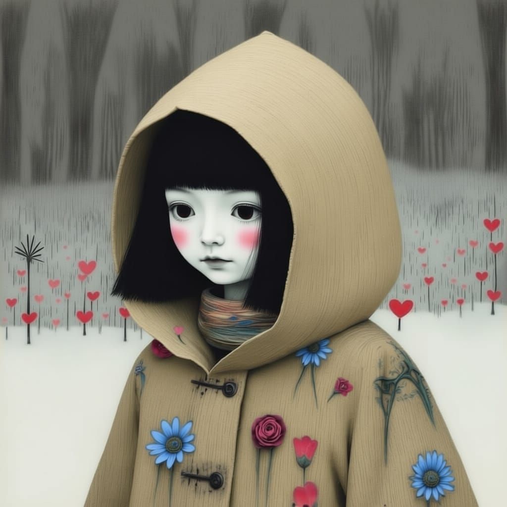 Melancholy Yukinko Child in Winter Landscape