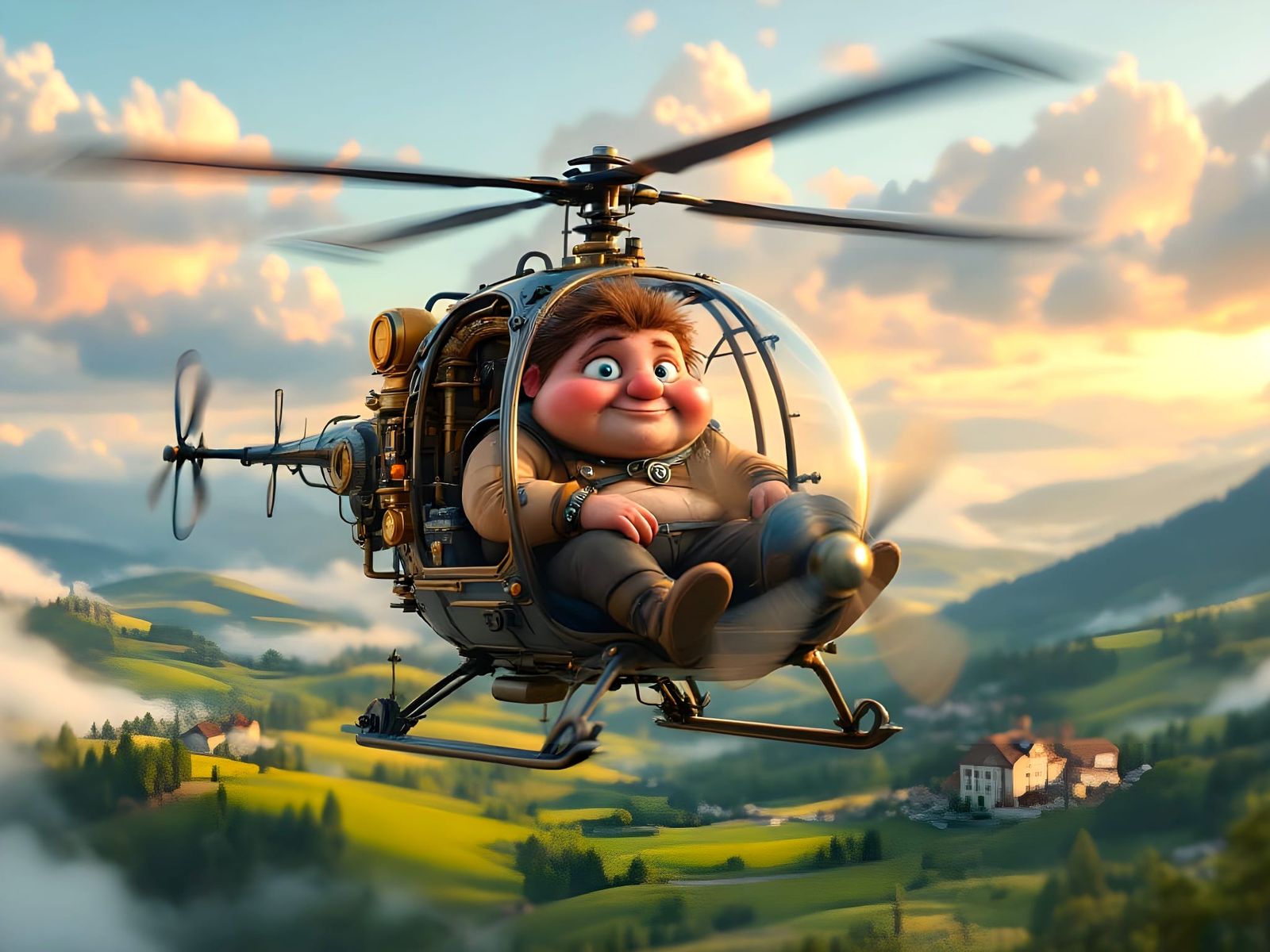 Steampunk Flying Machine with Pilot in Epic Landscape