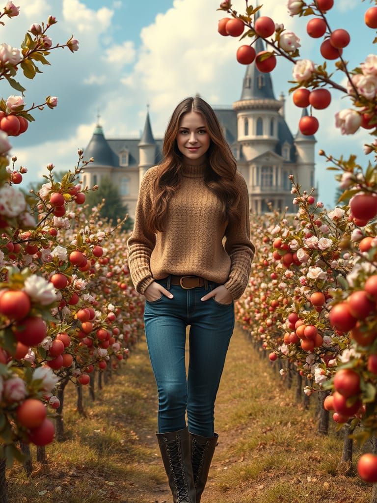 Woman in Apple Orchard, Ethereal Oil Painting