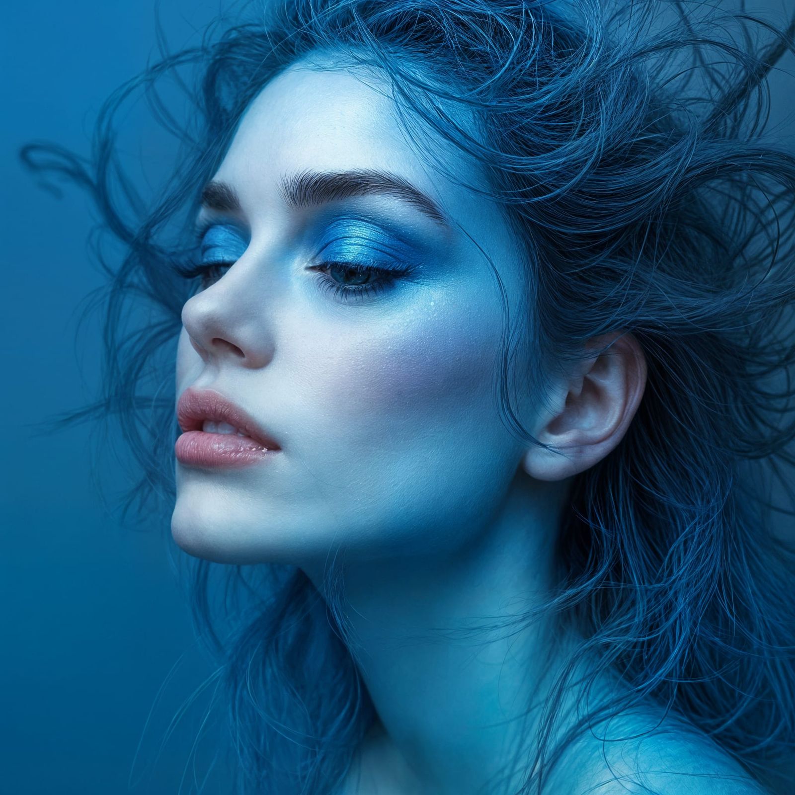 Ravishing Woman's Face in Blue and White with Pink