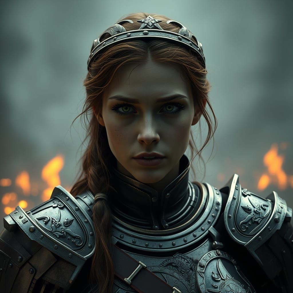Queen's Lament Over a Burning Kingdom in Sci-Fi Armor