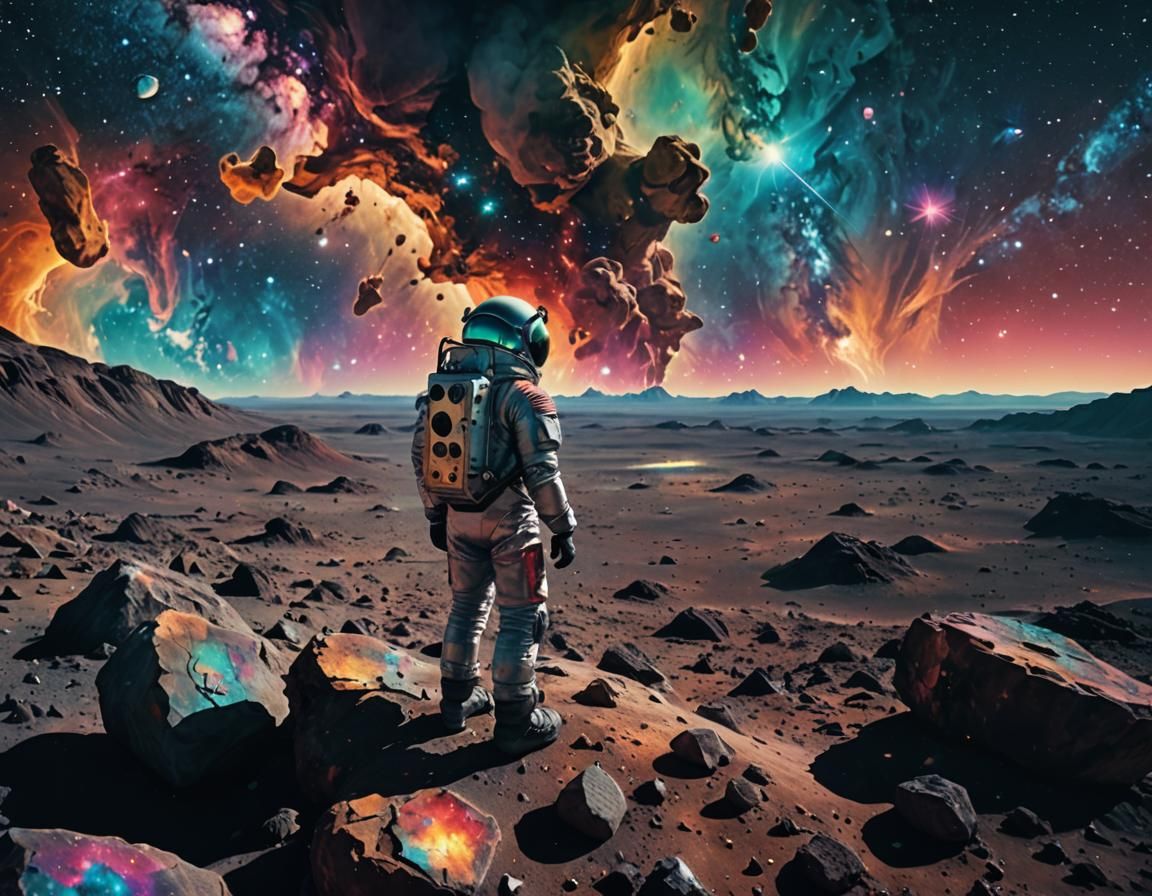 Astronaut Gazing at Colorful Nebulae in Space