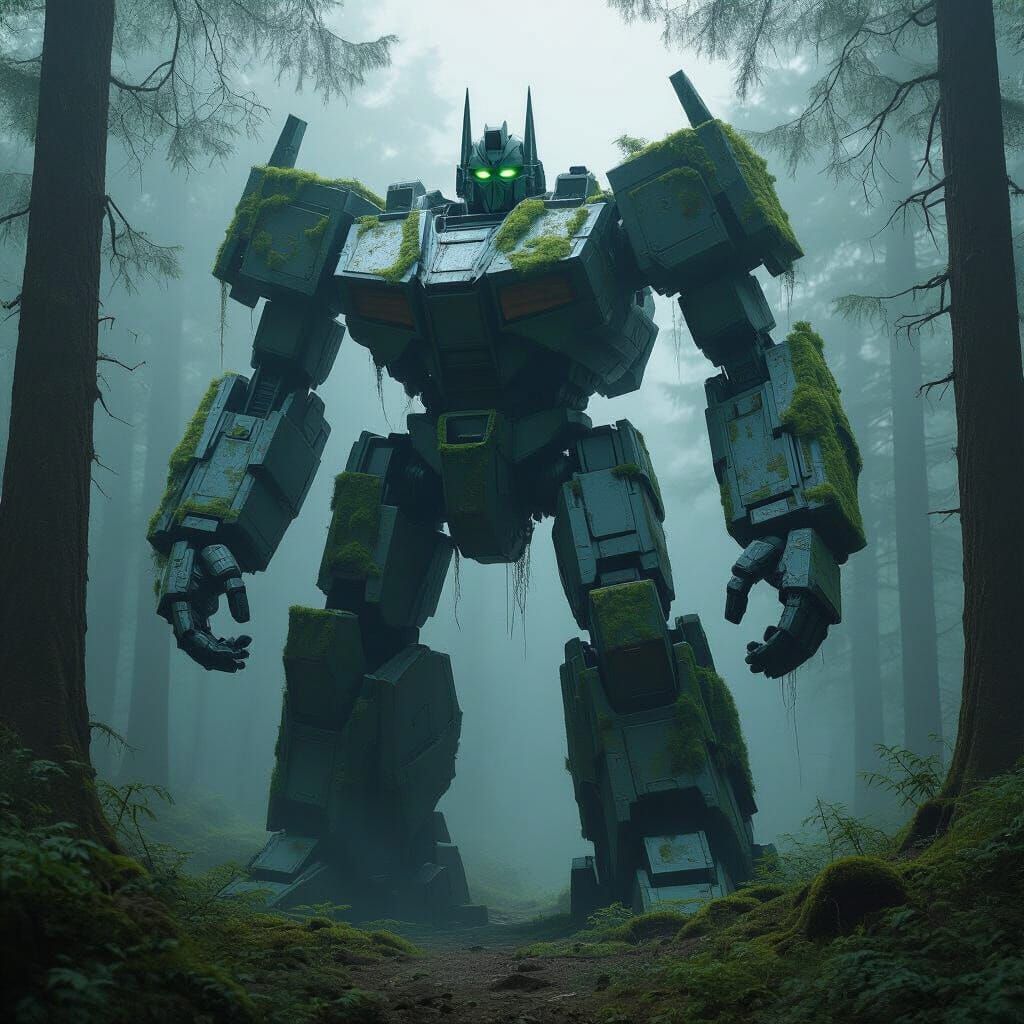 Ancient Transformer Robot in Misty Forest, Paper-Cut Style