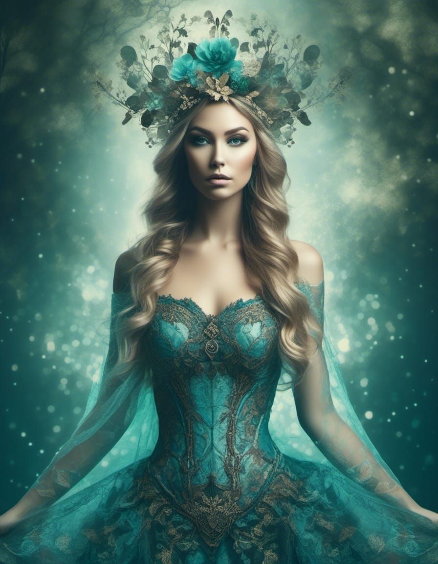 Elven Woman in Lace Dress Double Exposure Portrait