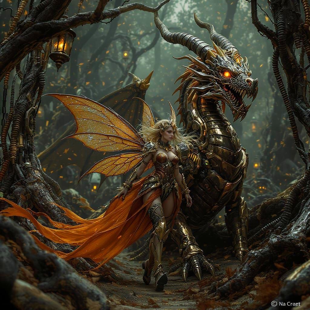 Steampunk Fairy and Dragon in Mechanical Forest