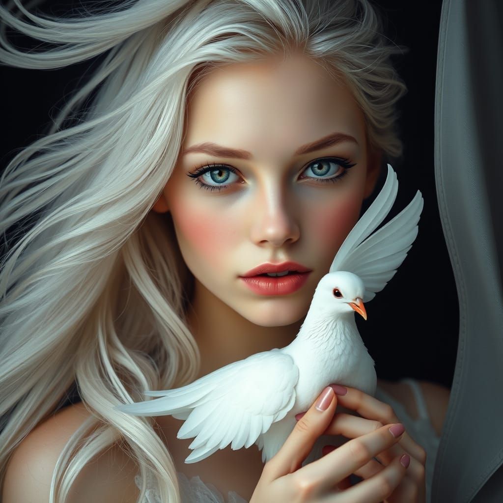 Whimsical Portrait of a Dreamy Maiden with a White Dove