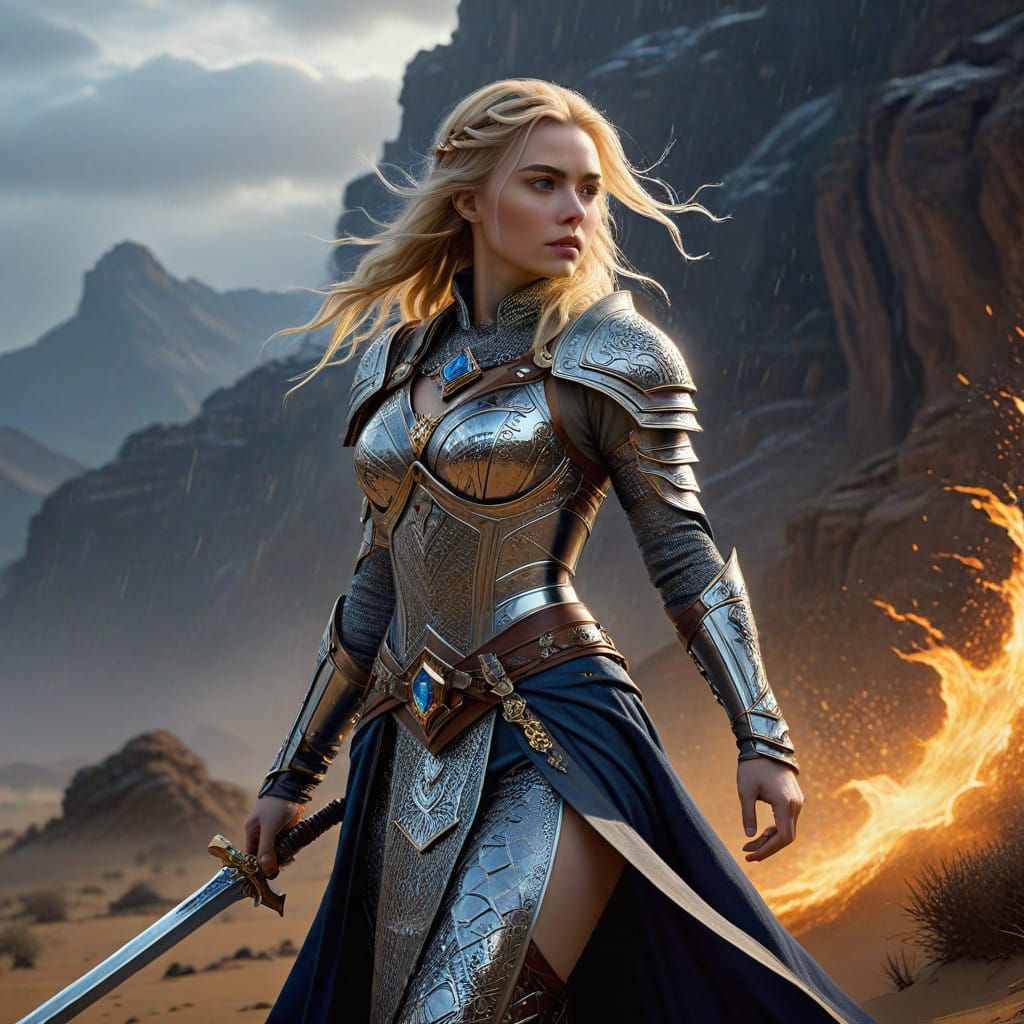 Regal Female Warrior in Chain Mail Armor, Majestic Sword, an...