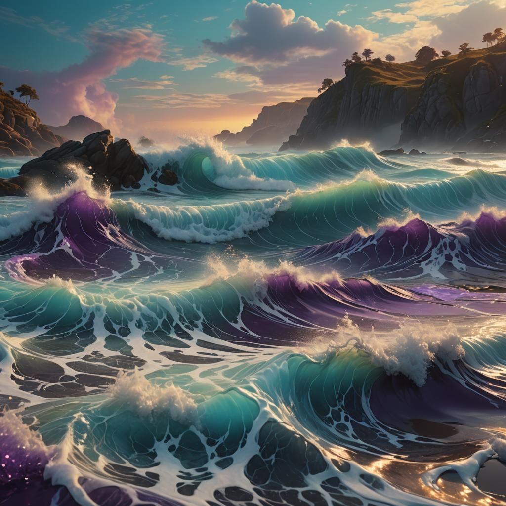 Mystical Glowing Shore at Dusk in a Dreamlike Matte Painting