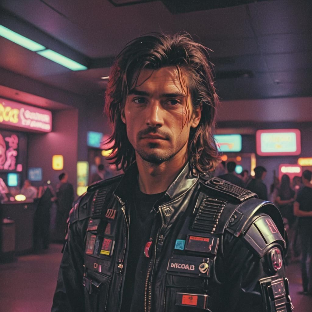 Retro Cyberpunk Hero in 80s Movie Theater