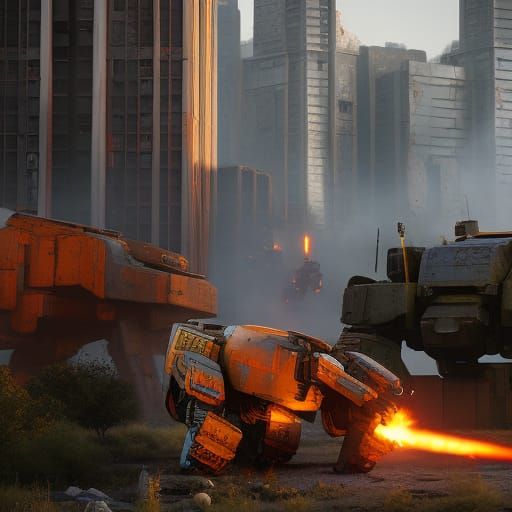 Epic Mecha Battle in War-Torn Cityscape