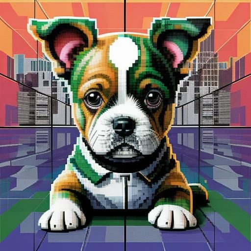 Pixel Art Puppy in Matrix-Inspired Collage