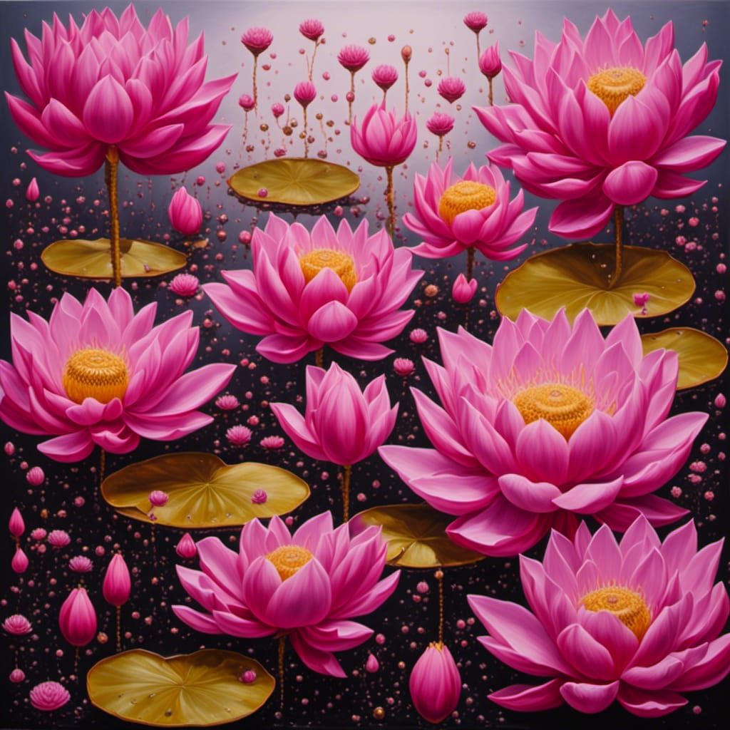 Surreal Pink Lotus Flowers in Oil Painting