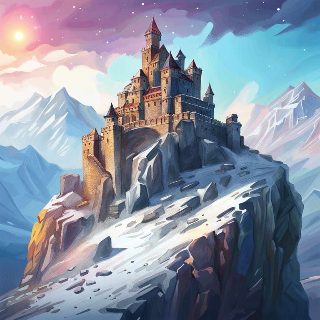 Snowy Mountain Castle in Hyperrealistic Splash Art