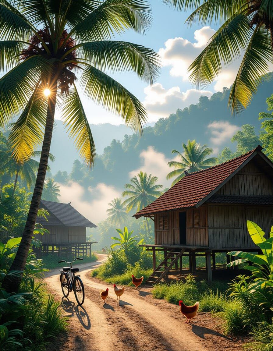Serene Malaysian Village Morning in Golden Sunlight