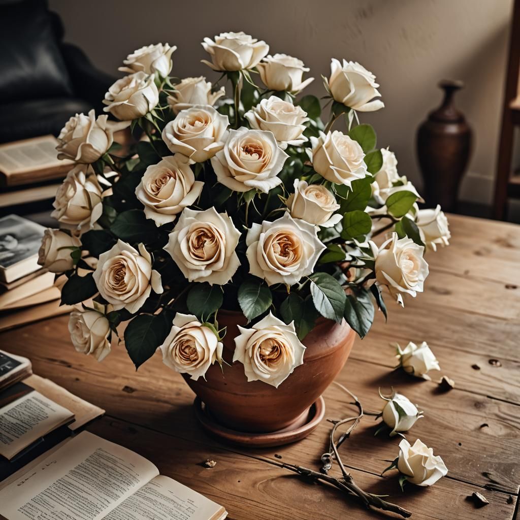 Wilted White Roses in Terracotta Pot: Still Life