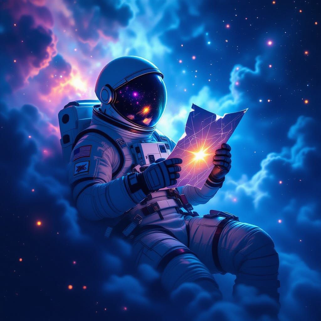 Astronaut Adrift in Nebula with Star Map, Photorealistic Sty...