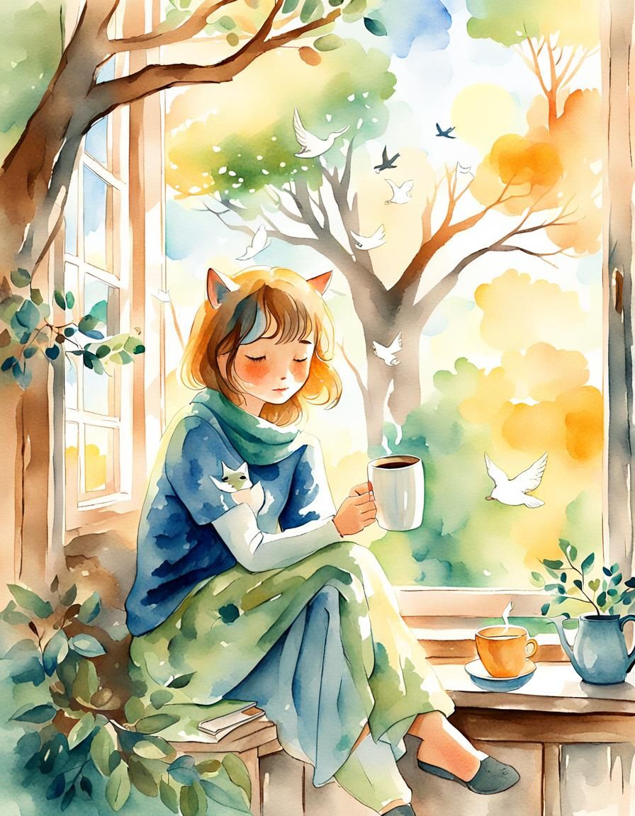 Dreamy Watercolor Portrait of Woman with Cat Thought