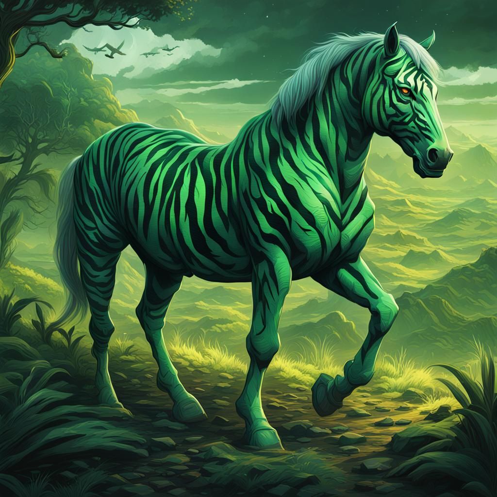 Green Tiger-Striped Horse in Digital Comic Art