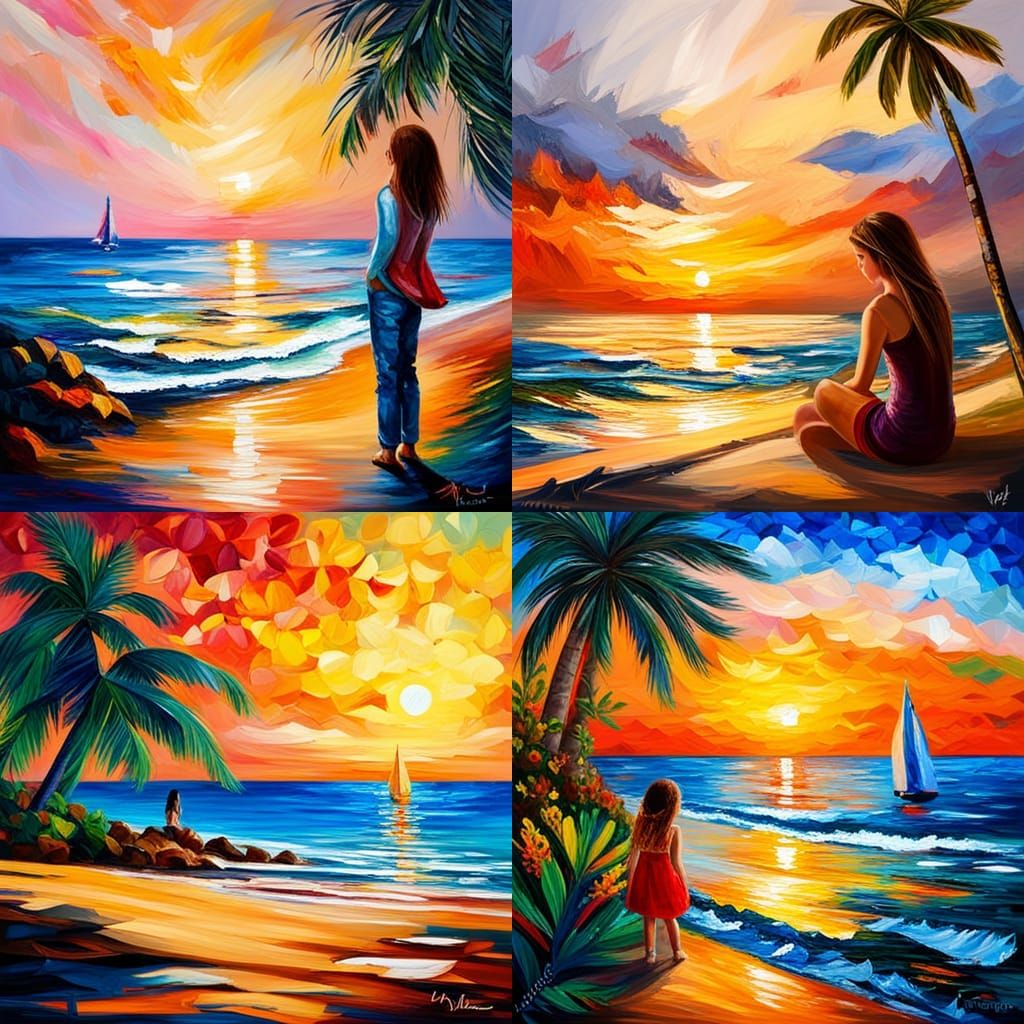 Girl at Sunset: Afremov-Inspired Impressionist Seascape