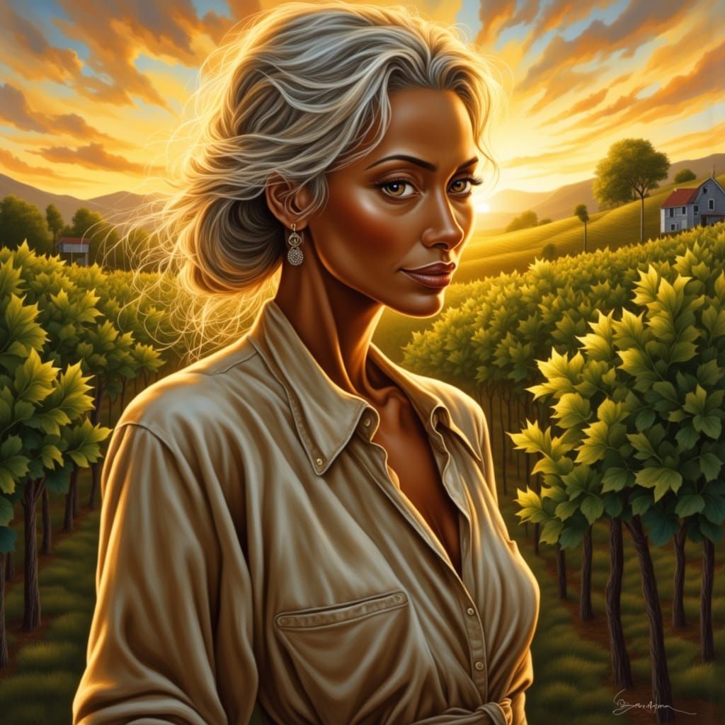 Elegant Woman in Golden Years, Vineyards at Sunset