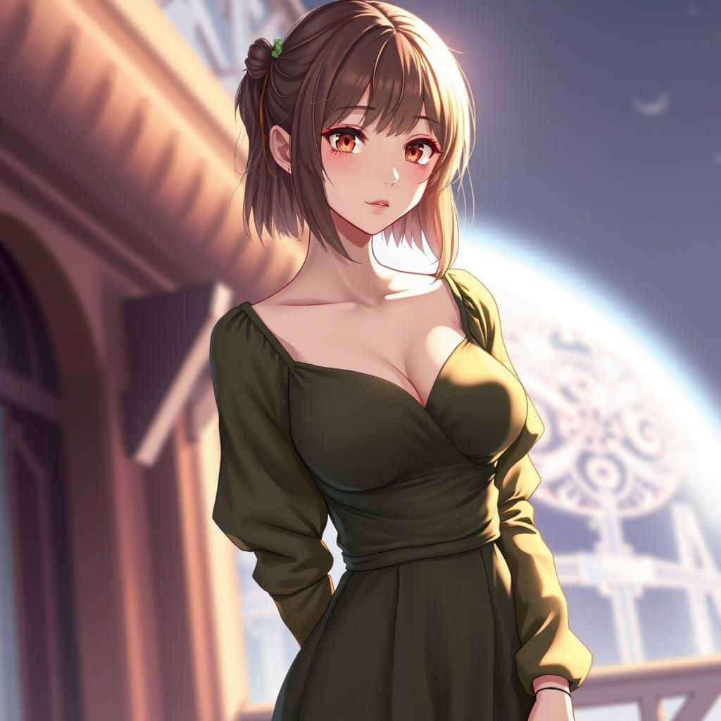 Elegant Anime Woman in Olive Green Gown