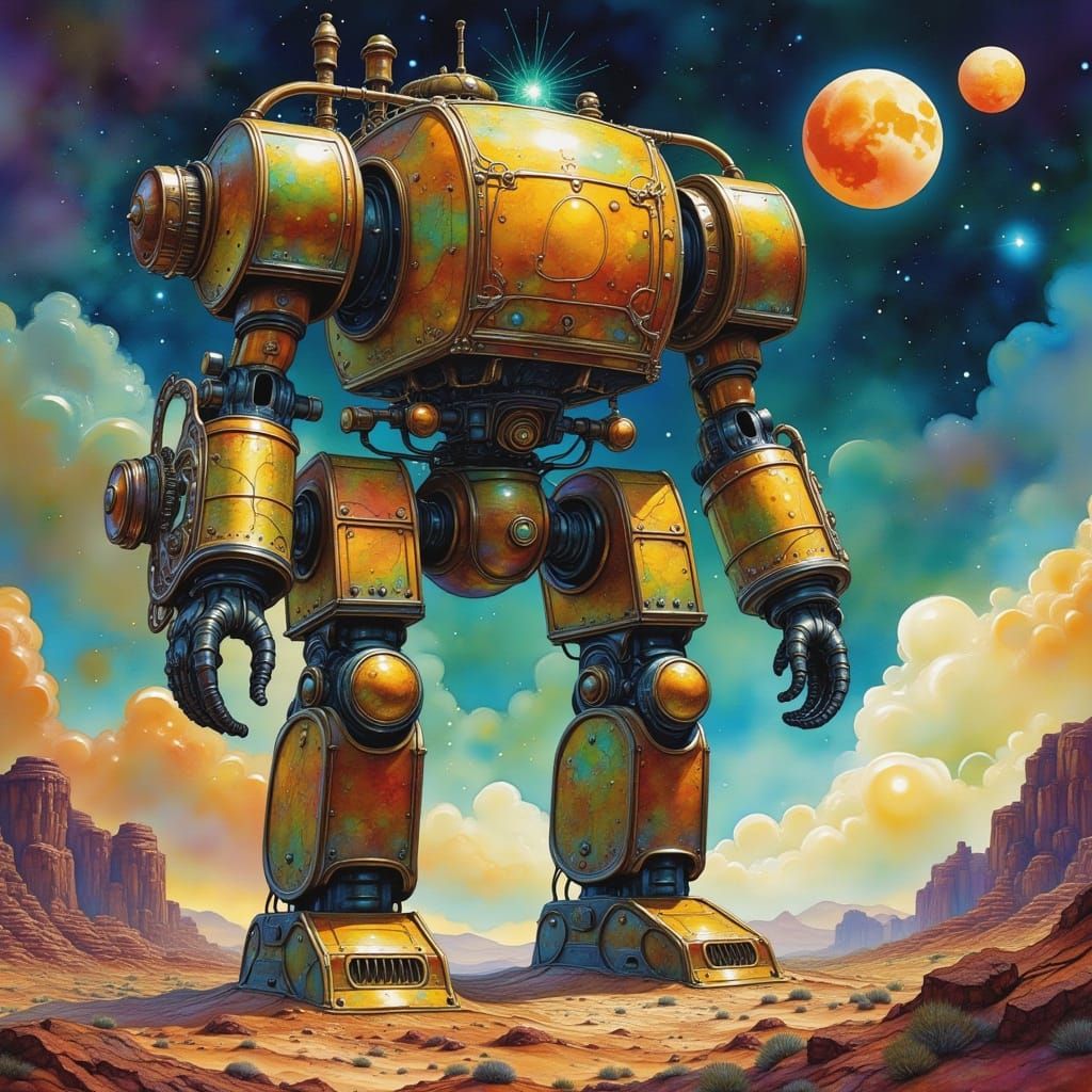 Clockwork Automaton Over Alien Desert Under Twin Moons