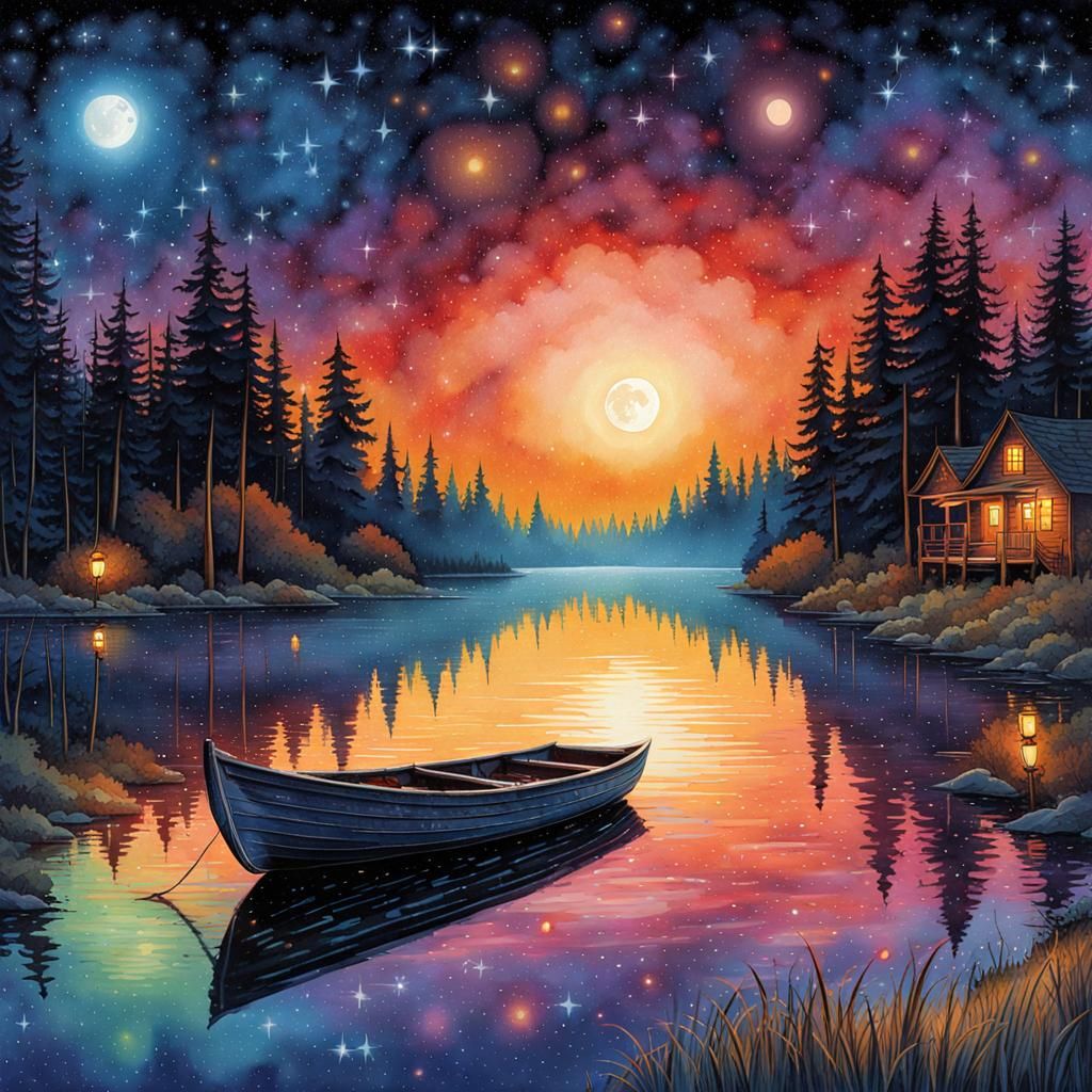 Watercolor Lake Forest with Shooting Stars