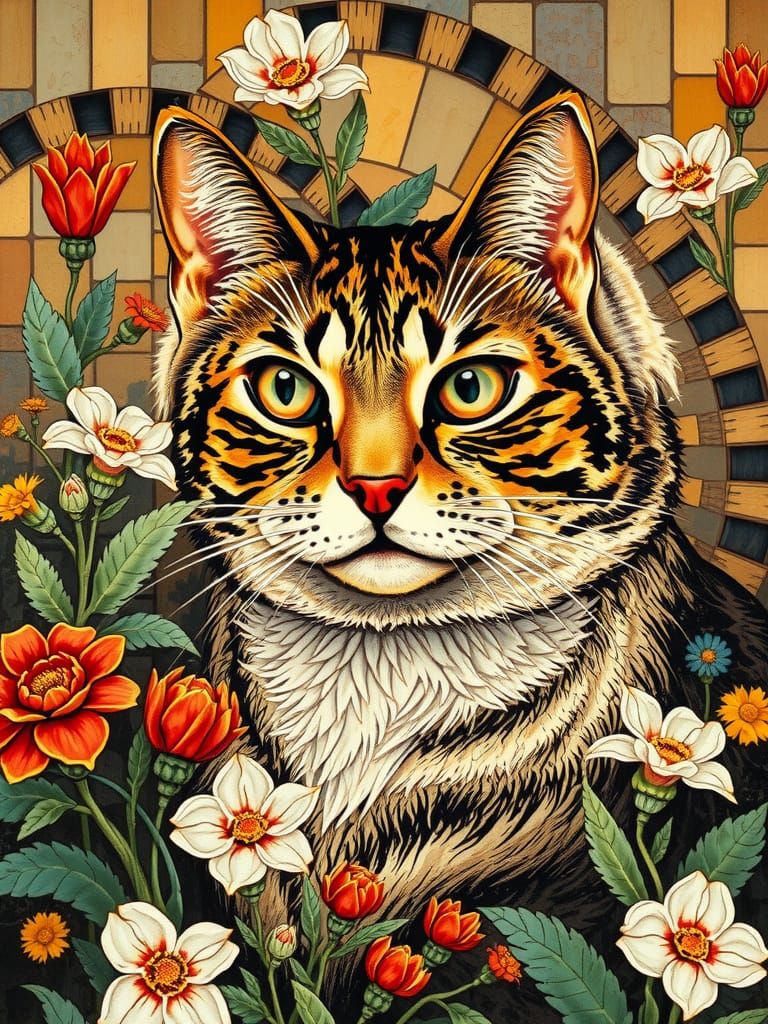 Portrait of a beautiful cat.  Flowers farm. Cel-shaded mosai...