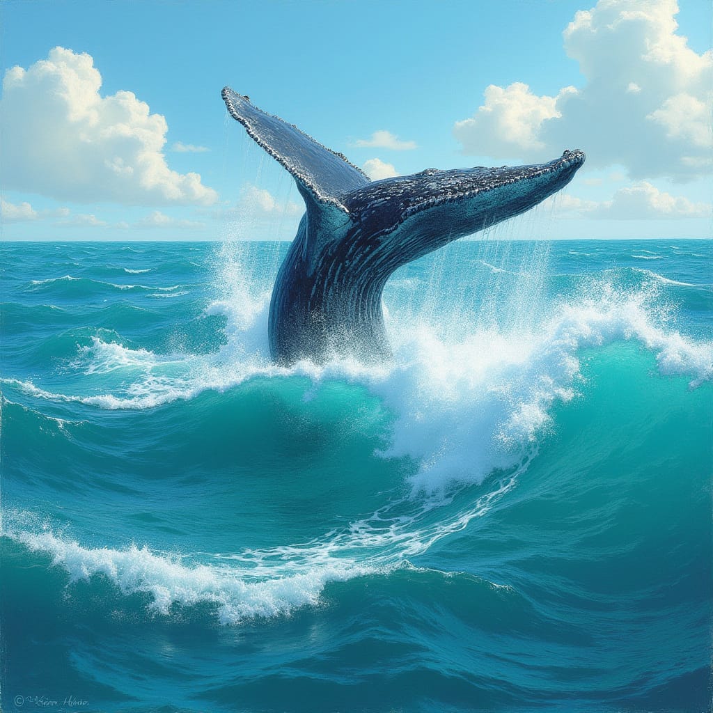 Whale Tail Breaching Turquoise Sea, Landscape Realism