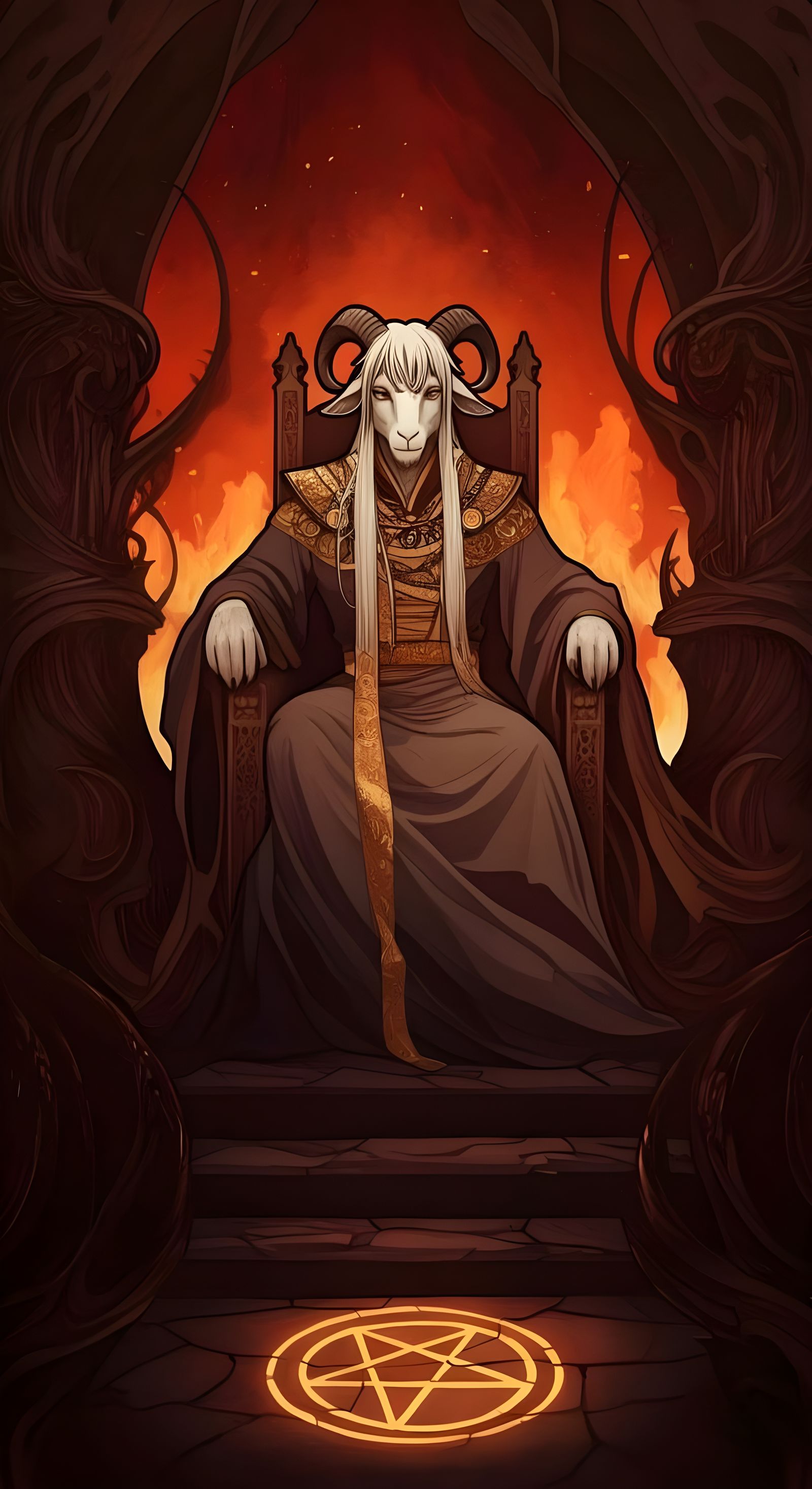 Majestic Goat King Rules Fiery Hell in Art Nouveau Style