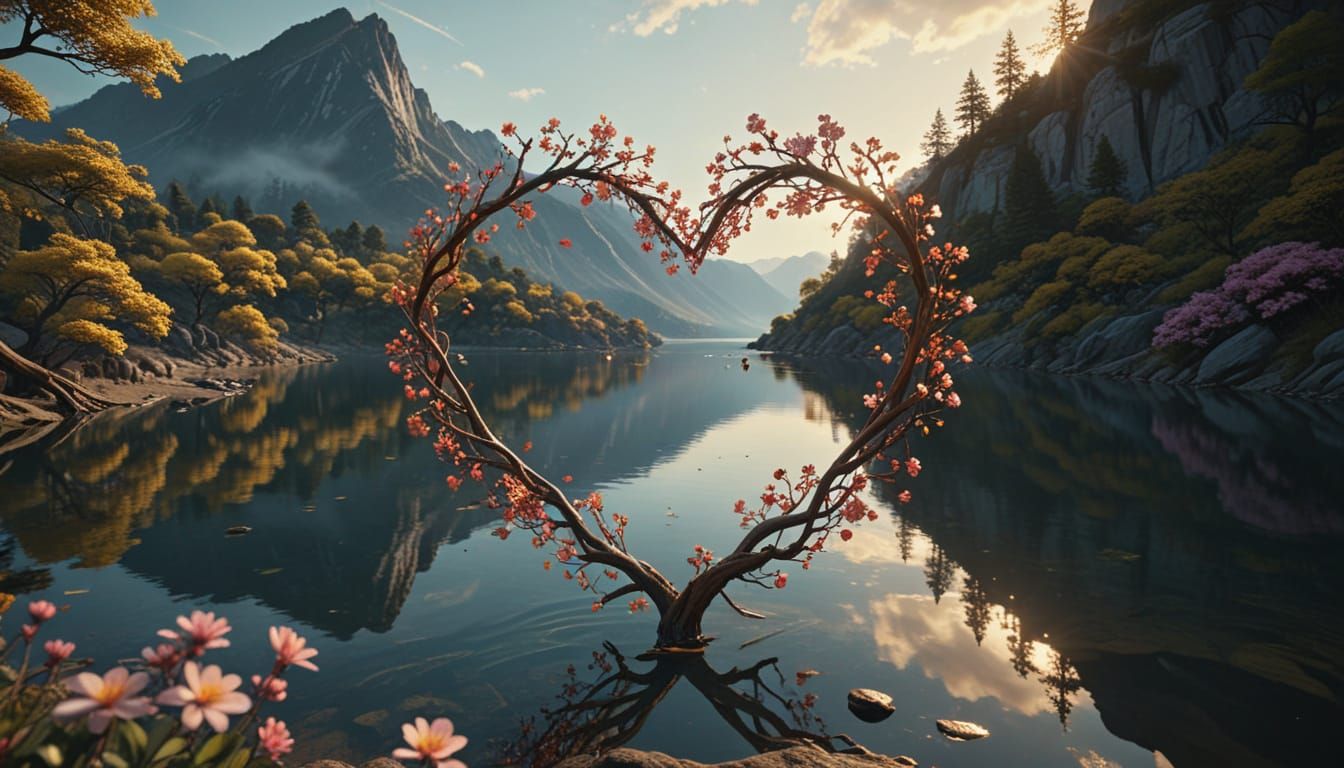 Heart of Branches in Serene Landscape: 3D Art
