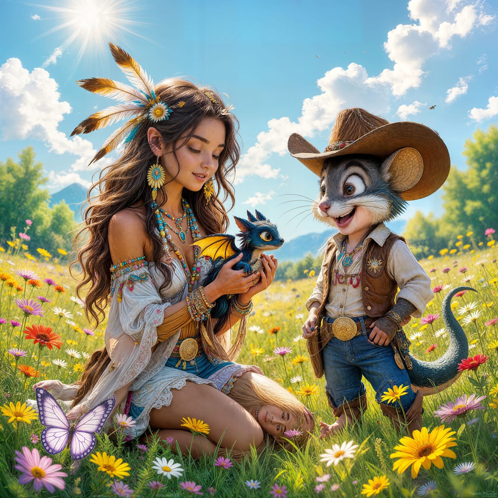 Fantasy Meadow Scene: Woman, Dragon, and Cartoon Mouse