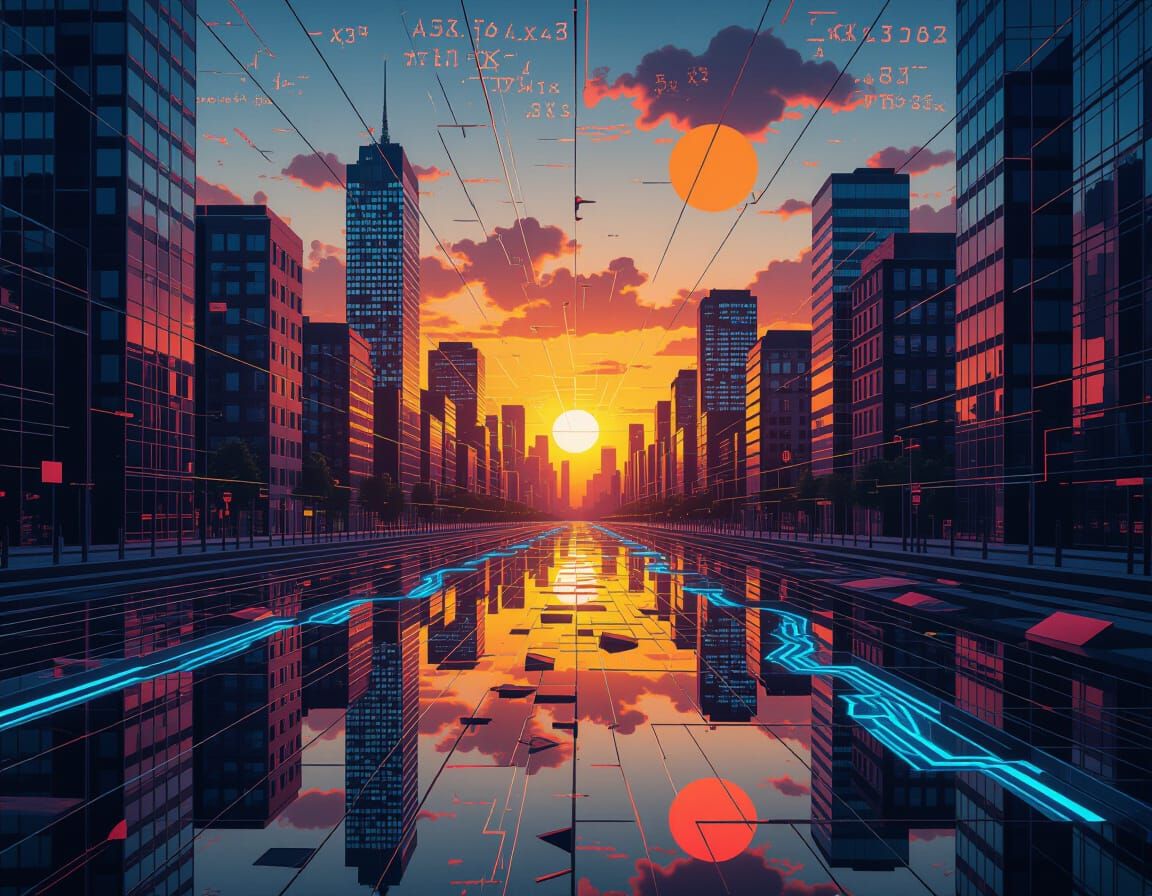 Surreal Glitchcore Cityscape with Neon Rivers