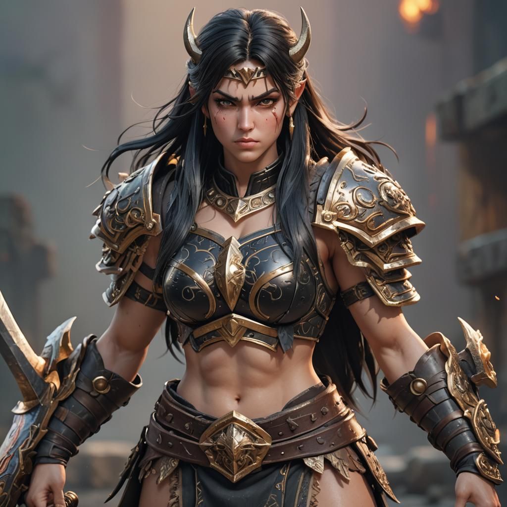 Anime Barbarian Woman in 3D with Intricate Armor