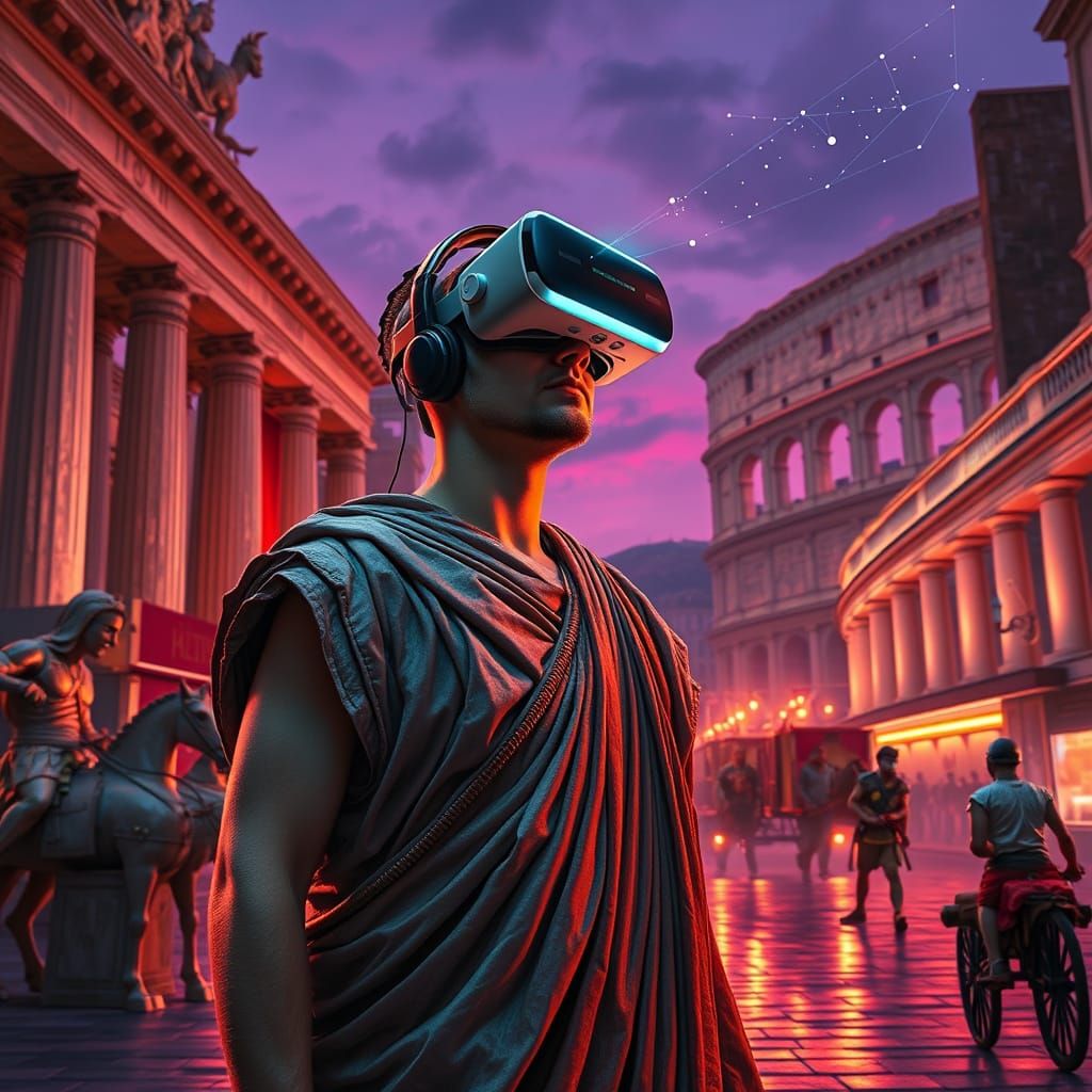 Cyberpunk Rome: Neon Market with Holographic Gladiators