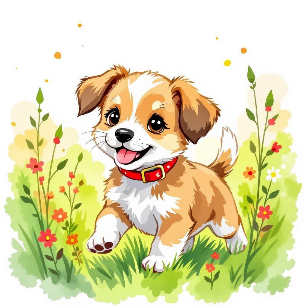 Puppy in Meadow, Watercolor Storybook Illustration