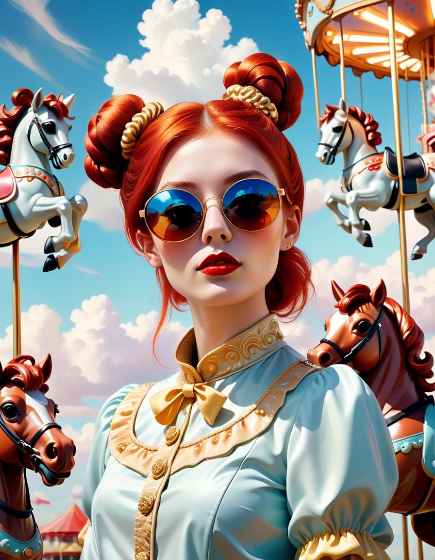 Surreal Woman with Carousel Hair, Dreamy Oil Painting