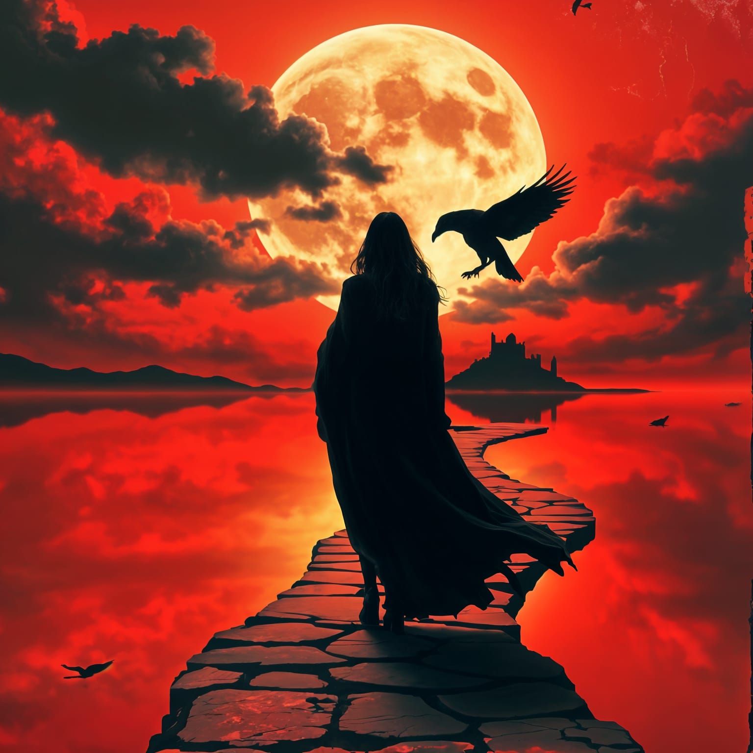 Dark Fantasy Woman Holds Raven Under Crimson Moon