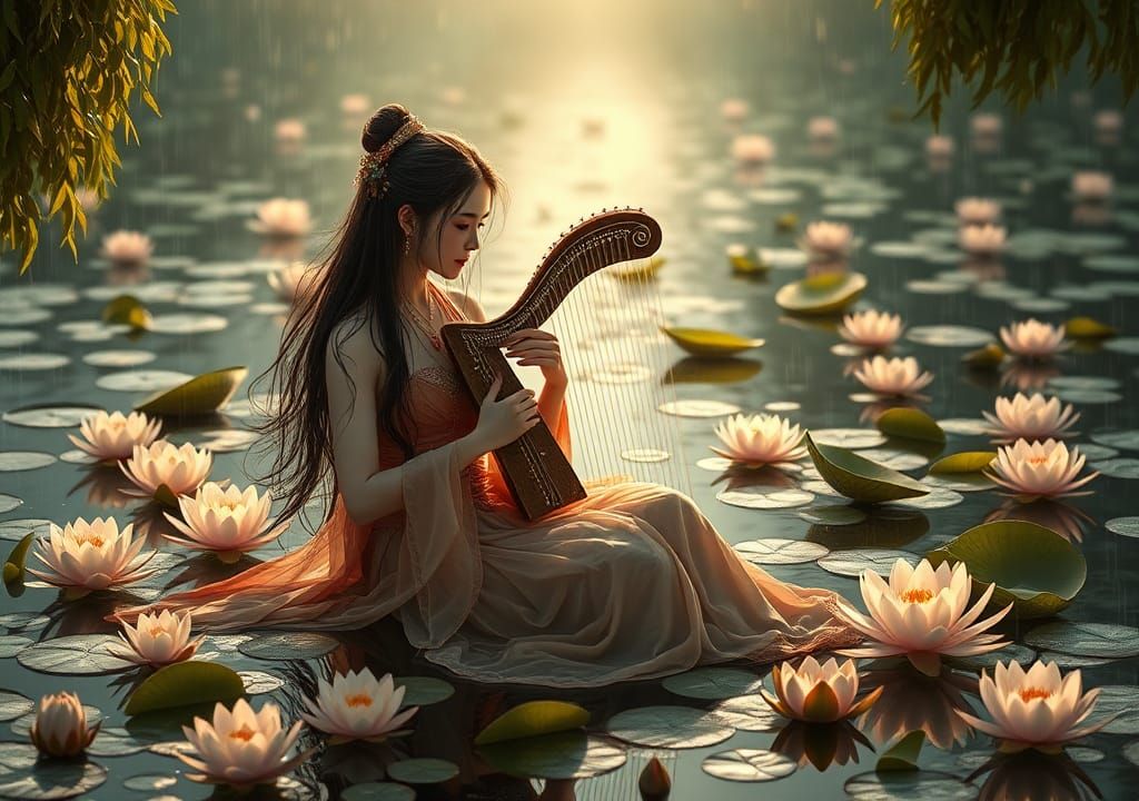 Chinese Harpist in Water Lilies: Digital Embossed Art