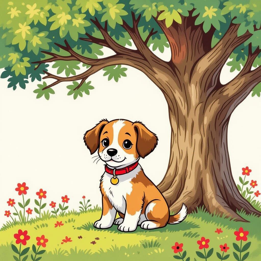 Puppy Under Tree in Whimsical Illustration Style
