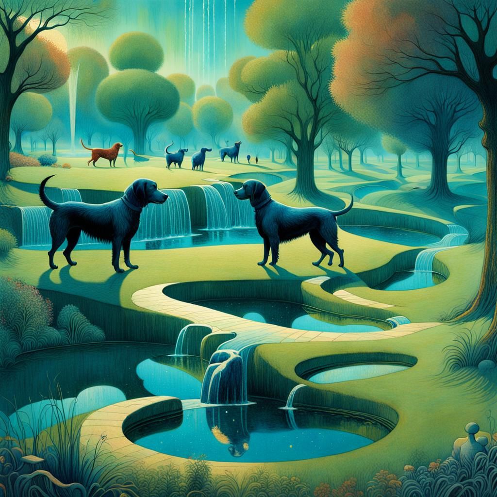 Dreamlike Dog Park with Majestic Dogs