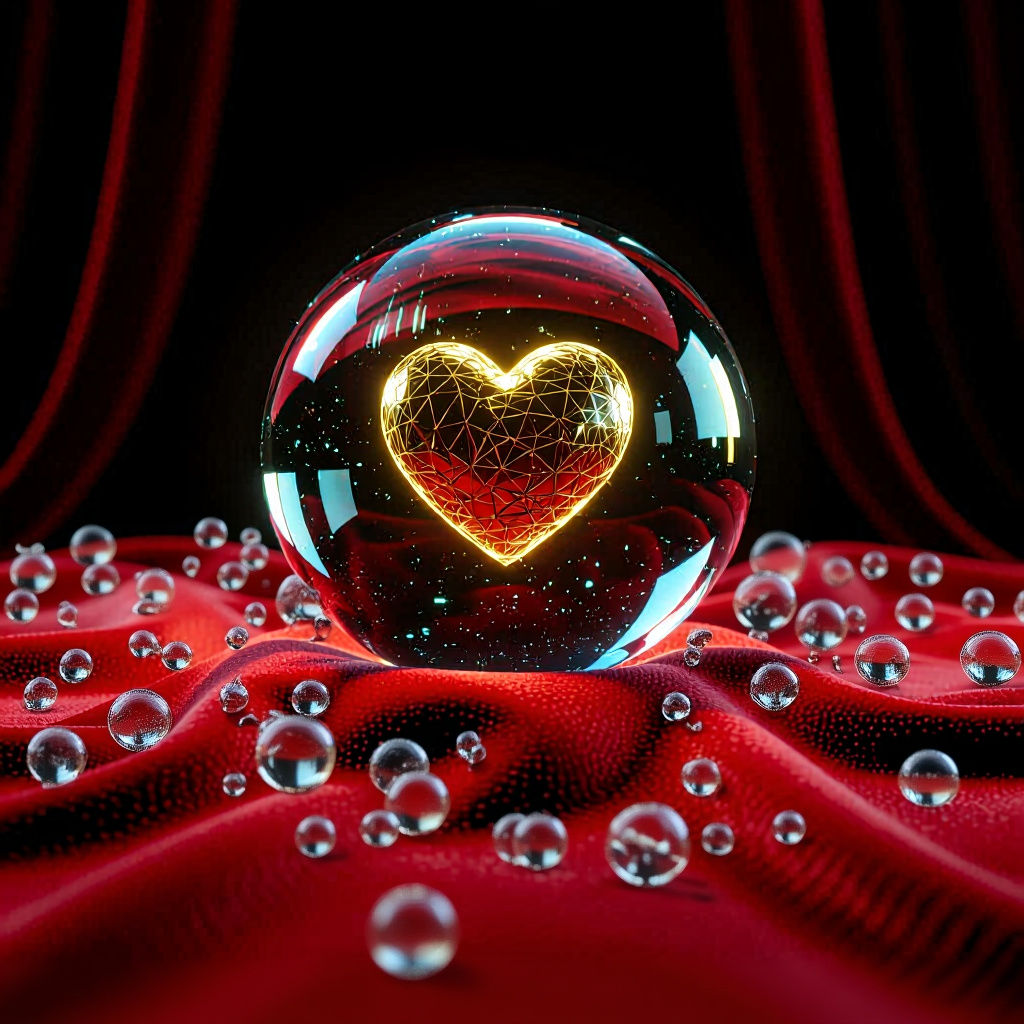 Golden Heart in Glass Ball, Synthwave Neon Art