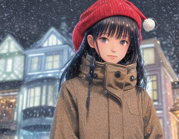 Girl in Rainy Winter Wonderland Scene, Anime-Inspired