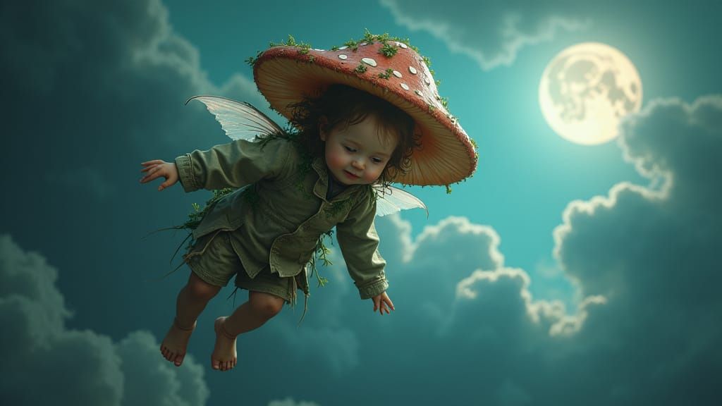 Mushroom Child Falling Through Stormy Sky: Digital Matte Pai...